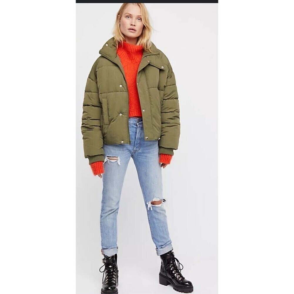 Free People Olive Green Puffer Jacket with Orange Sweater Accent